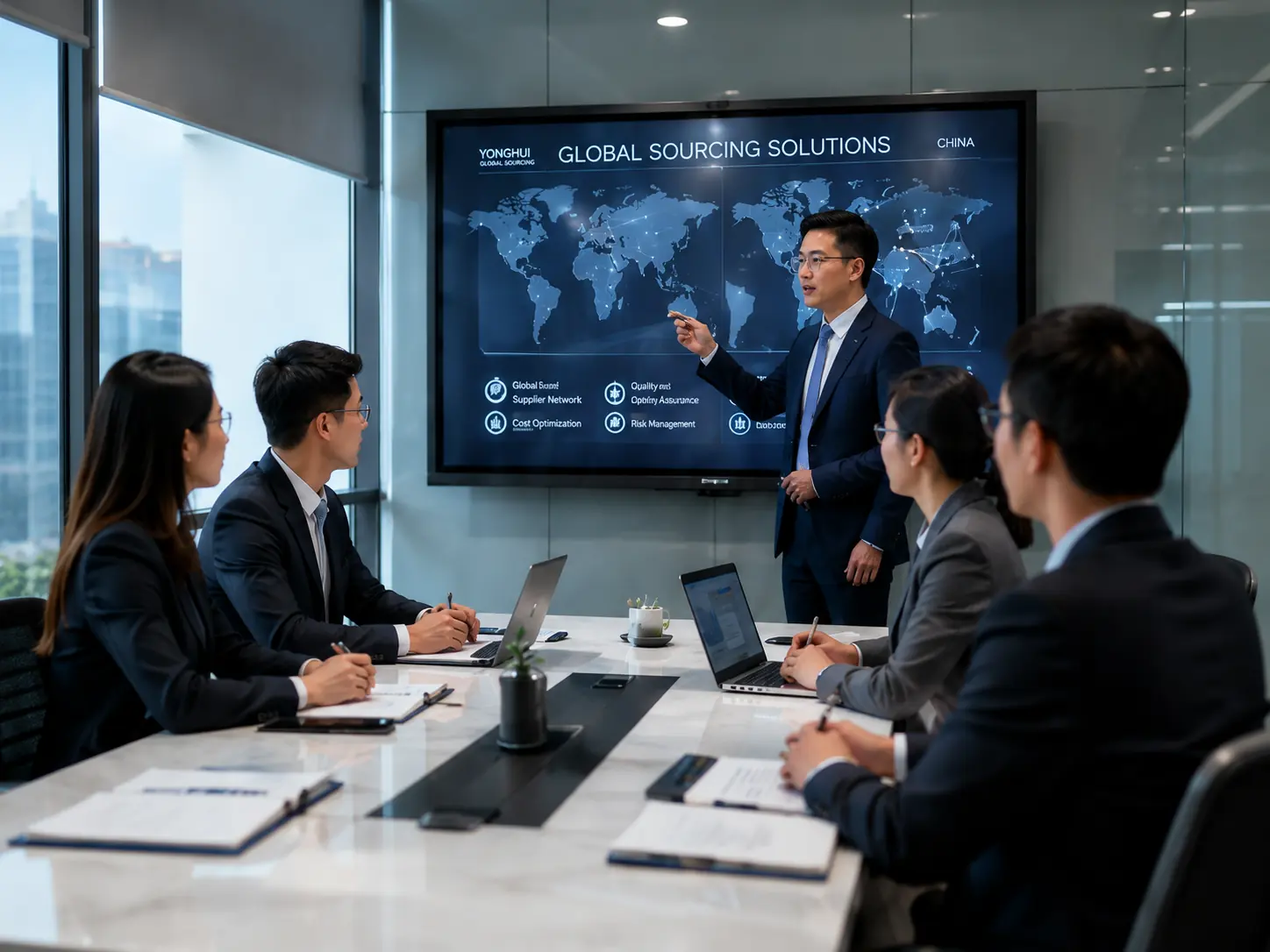 Yonghui sourcing team presenting global sourcing solutions in a meeting room