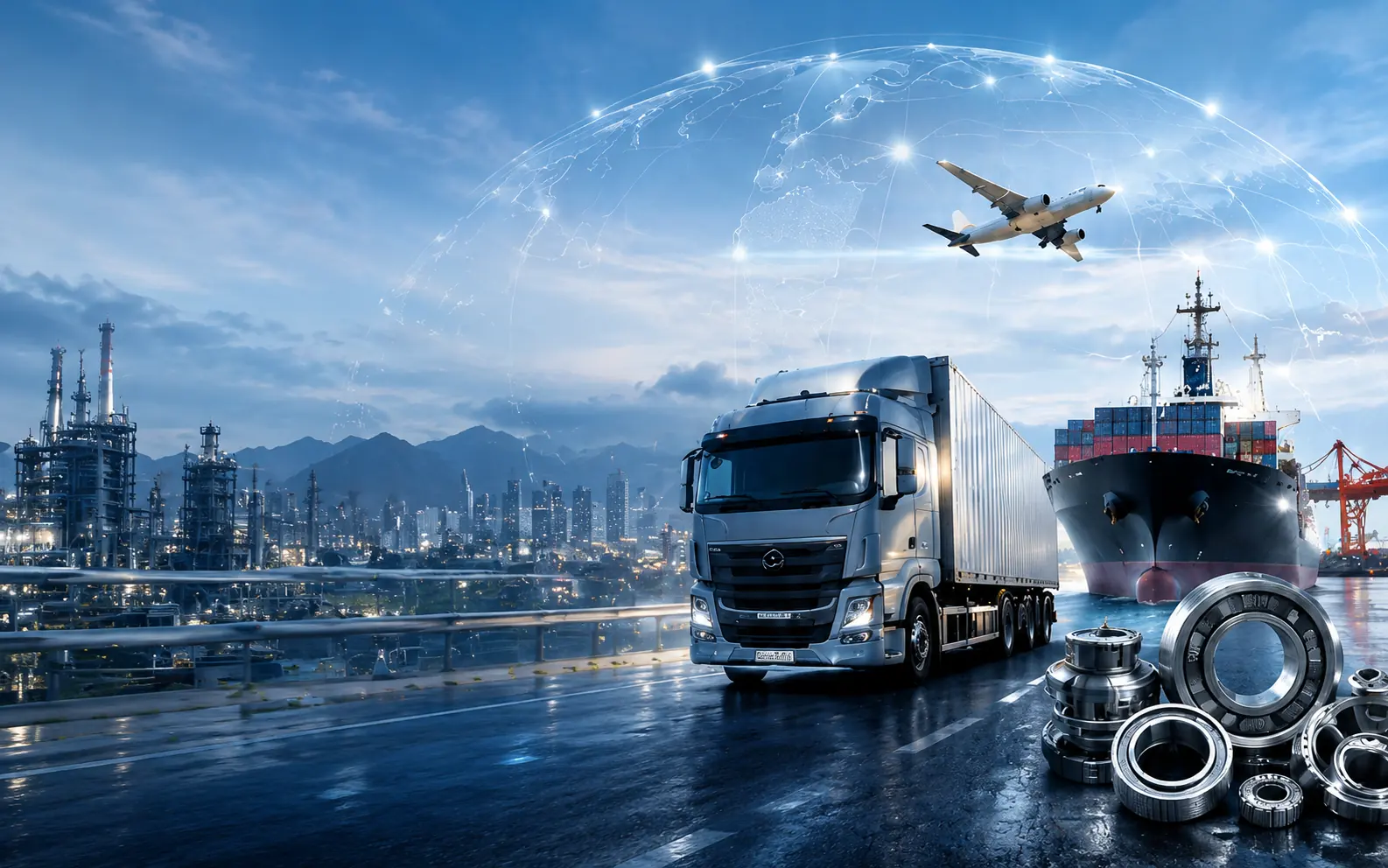 Global logistics with truck, cargo ship, airplane, industrial plant, and precision parts