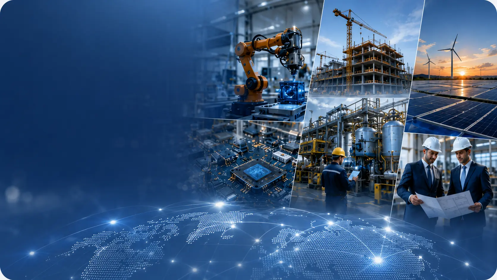 Industrial sectors collage with automation, construction, energy, electronics, plant engineering, and procurement specialists