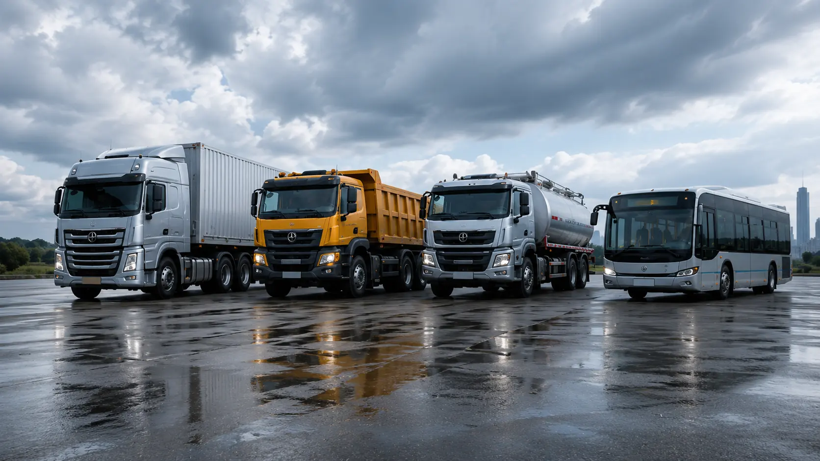 Lineup of commercial trucks and bus