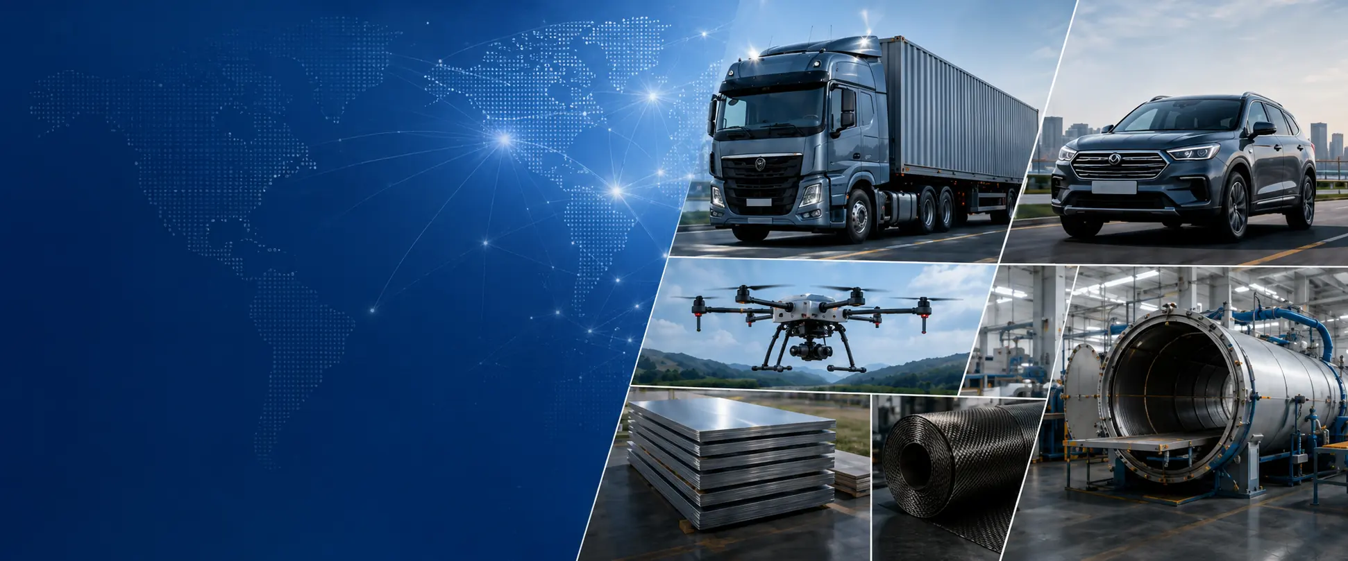 Main products collage with commercial vehicle, passenger vehicle, UAV, protective steel, carbon fiber, and autoclave systems