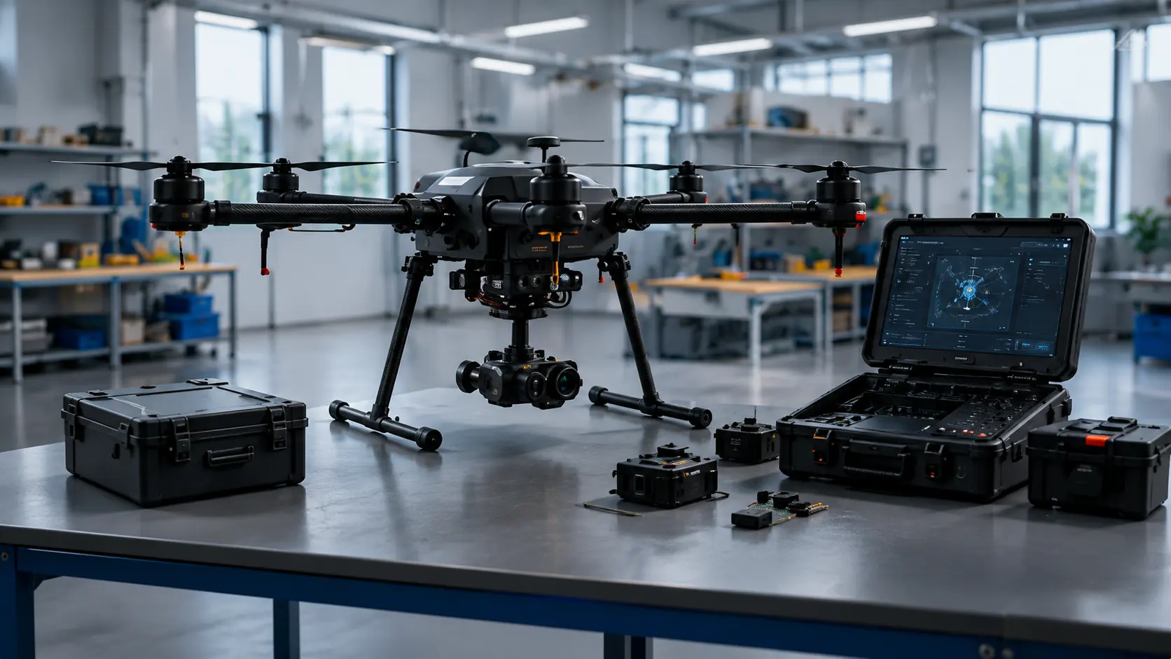 UAV system with ground control and components in lab